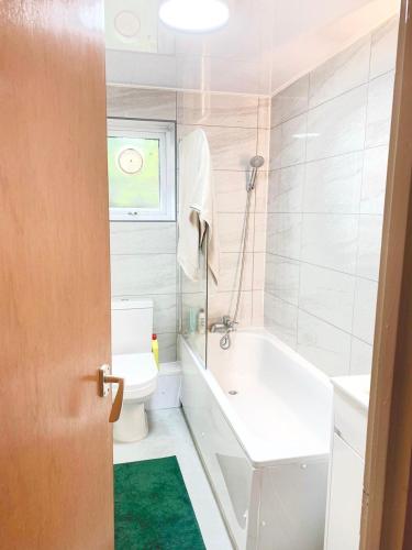 a bathroom with a toilet and a tub and a sink at Spacious garden 2 bed, sleeps 5 in Oxford