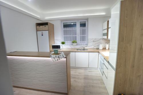 a white kitchen with a counter and a sink at Apartamenty Pod Fortami in Przemyśl