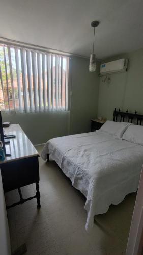 a bedroom with a bed and a desk and windows at Departamento en excelente área in Villa Marini
