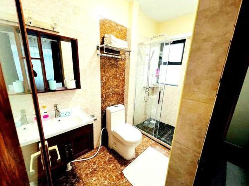 a bathroom with a toilet and a sink and a shower at Cozy Two Bedroom Apartment in Nairobi