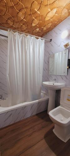 a bathroom with a tub and a toilet and a sink at Lily Of The World Houseboat in Srinagar