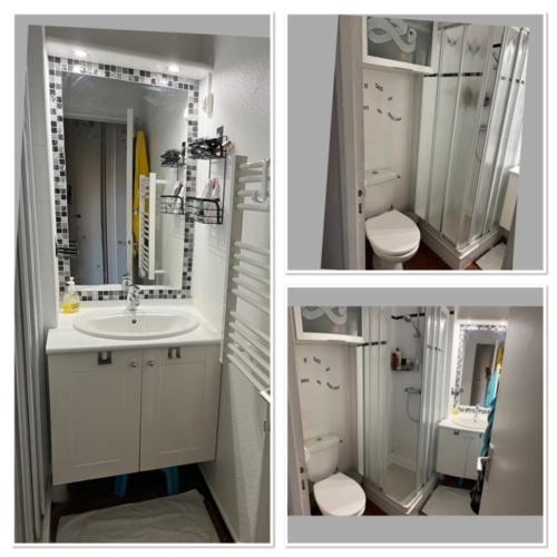 Trois photos d'une salle de bains avec lavabo et toilettes dans l'établissement Kanumera Barcarès, vue mer, balcon et parking privé, au Barcarès