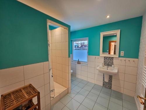 a bathroom with a shower and a sink at Urlaub beim Fischer - Gaude Tied in Rerik