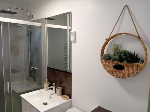 La salle de bains est pourvue d'un lavabo et d'un panier avec des plantes. dans l'établissement Appartement Le Marceau, proche de la Mer., au Crotoy