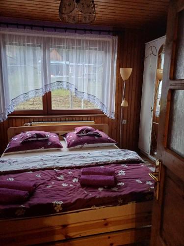 ein Schlafzimmer mit einem Bett mit violetter Bettwäsche und einem Fenster in der Unterkunft Chalupa u Jánošíka in Terchová