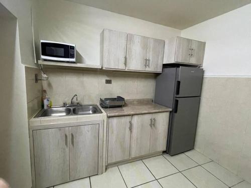 uma pequena cozinha com um lavatório e um frigorífico em Casa los Mariachis centro em San Juan de los Lagos