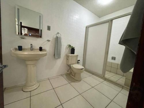 een badkamer met een toilet, een wastafel en een douche bij Casa los Mariachis centro in San Juan de los Lagos
