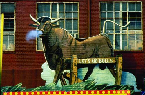 a statue of a bull standing in front of a building at University Inn Duke in Durham