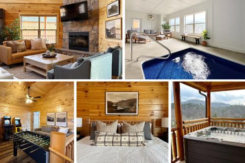 a collage of pictures of a home with a swimming pool at Modern Cabin w Indoor Pool MTN View Game Room in Pigeon Forge