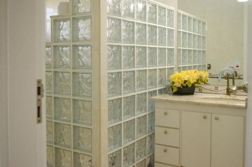 a bathroom with glass block walls and a sink at POUSADA RECANTO SÃO JORGE in Águas de Lindóia