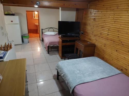a small room with two beds and a television at Villa seniorita Annita in Nikiti