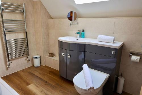 a bathroom with a white toilet and a sink at The Old Barn Apartment in Wells next the Sea
