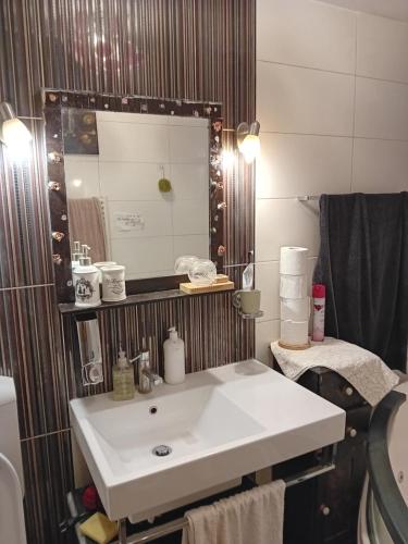 a bathroom with a white sink and a mirror at Indian tent glamping in Mrše