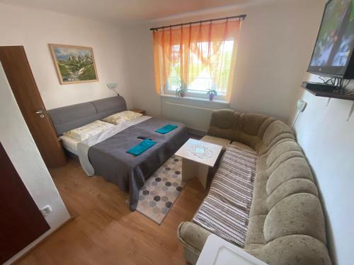 ein Wohnzimmer mit einem Sofa und einem Tisch in der Unterkunft Penzión u Aďky in Podhájska