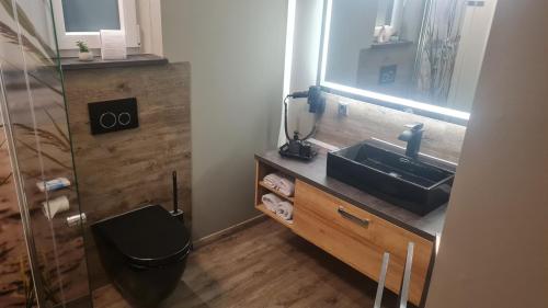 a bathroom with a sink and a glass shower at Lins B&B Hotel Resort in Marktlustenau