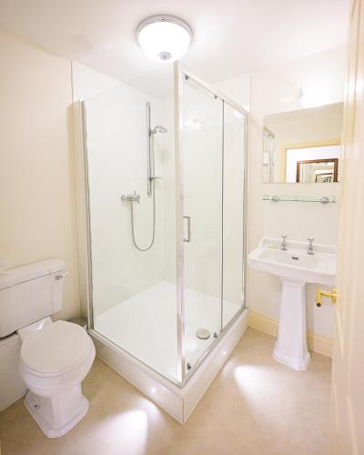 a bathroom with a shower and a toilet and a sink at Rectory Farm in Cambridge
