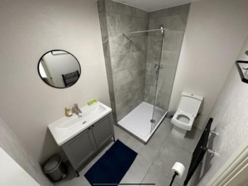 een badkamer met een douche, een wastafel en een toilet bij Fernandos Flats! Stunning Soho Apartments, meters from Piccadilly Circus, 2 Beds in Londen