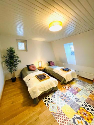 a room with two beds in a room at Kaunis kattohuoneisto Lahden keskustassa in Lahti