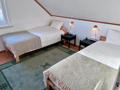 Fjord-View Apartment في Nese: غرفة بسريرين وطاولتين فيها مصابيح