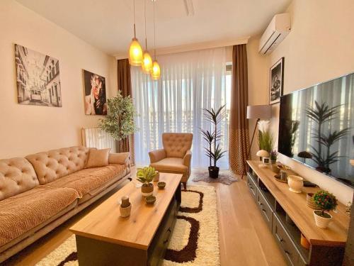 a living room with a couch and a television at Bray Relax Home 3 in Farsala