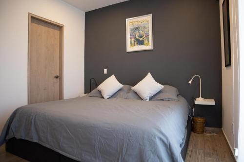 NEW Cute Napoles Condo Private Terrace Smart TV في مدينة ميكسيكو: غرفة نوم بسرير كبير مع وسادتين