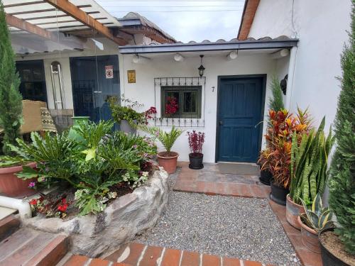 a house with a blue door and a bunch of plants at Quinta Paolita in Tumbabiro