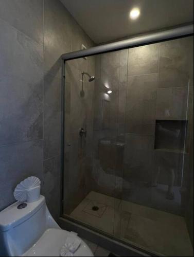 a bathroom with a toilet and a glass shower at Fast WIFI/5 min beach/Private Parking in Playa del Carmen