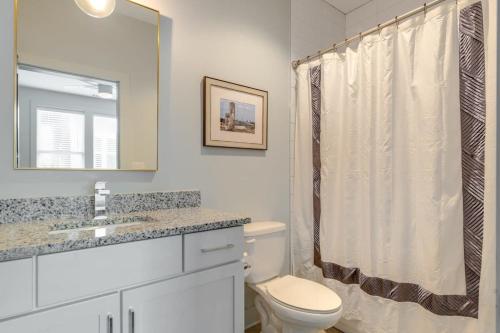 La salle de bains est pourvue de toilettes, d'un lavabo et d'un miroir. dans l'établissement Dolly PartyOn - Downtown Views - Rooftop - Groups, à Nashville