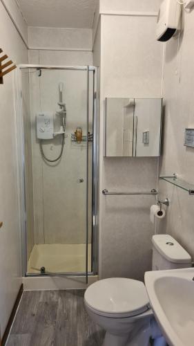 uma casa de banho com um chuveiro, um WC e um lavatório. em Skye Cottage, Meadowside House, near Kingussie em Kingussie