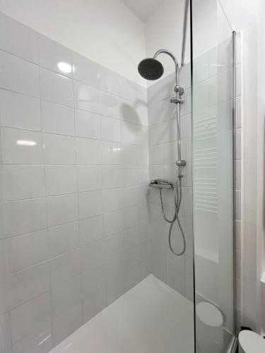 une salle de bain avec une douche avec une porte vitrée dans l'établissement Appartement Vieux-Port, à Marseille