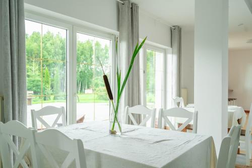 a white table with a vase with a plant on it at Przystań Jeziorany - willa nad jeziorem - Warmia i Mazury in Jeziorany