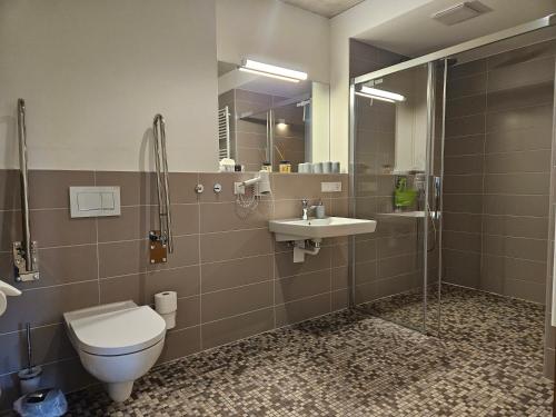 a bathroom with a toilet and a sink and a shower at Naturresort Bieleboh in Beiersdorf