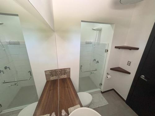 een badkamer met een toilet en een douche bij Amazilia Guesthouse in Liberia