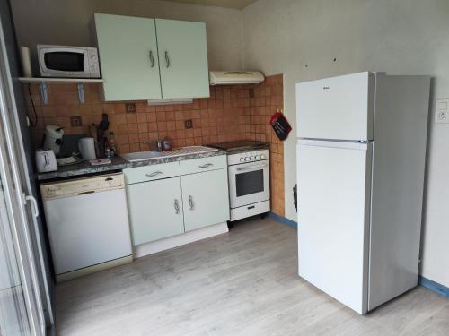 a kitchen with white appliances and a white refrigerator at Domaine de la roselière • Nature • Brenne in Rosnay