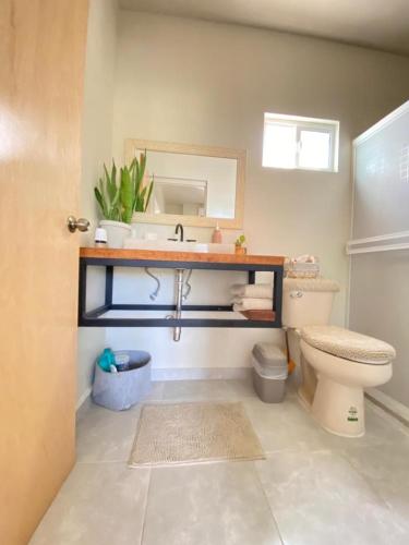 a bathroom with a sink and a toilet and a mirror at nuevo apartamento en todos santos, el otro lado in Todos Santos