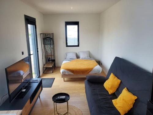 un salon avec un lit et un canapé dans l'établissement MarcouBox, à Marcoussis