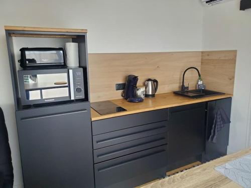 eine kleine Küche mit einer Theke und einer Mikrowelle in der Unterkunft MarcouBox in Marcoussis