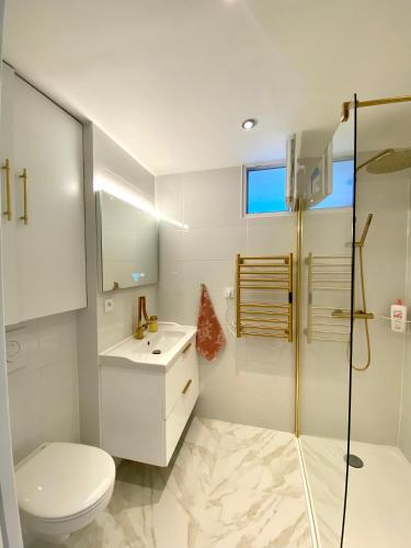 e bagno con servizi igienici, lavandino e doccia. di Appartement Cosy tout confort - Brest a Brest
