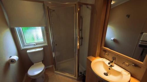 uma casa de banho com um chuveiro, um WC e um lavatório. em 19 Park Views Just outside Penrith for Holidays and Short Breaks please no commercial vans thankyou em High Hesket