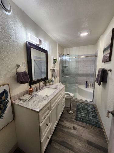 y baño con lavabo y ducha. en Luxury Bunkhouse Near Downtown en Fairbanks