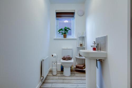 a white bathroom with a sink and a toilet at St Andrews Park - Coorie Doon Stays in Troon