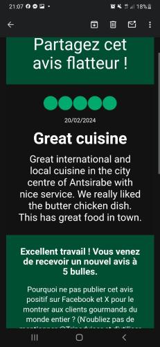 a screenshot of a text message on a cell phone at L'anis Etoilé - Hôtel Restaurant in Antsirabe