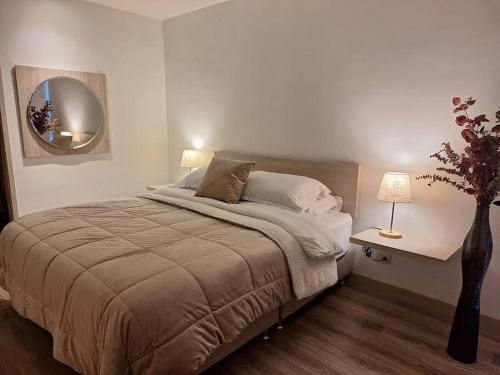 1 dormitorio con 1 cama grande y espejo en Apartamento Manizales II, en Manizales