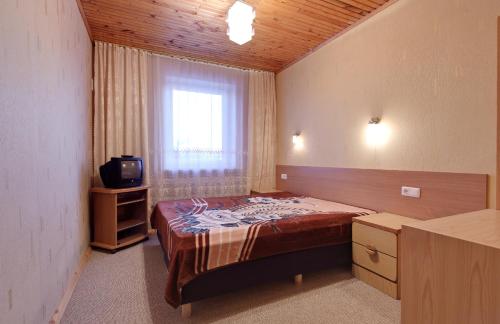 a small bedroom with a bed and a television at Irenos Svetaine in Palanga