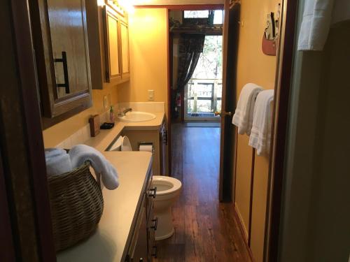 a bathroom with a sink and a toilet and a window at Cascades Inn - Cabin #2 - Full Kitchen in Tiger