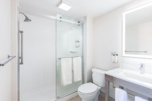 a bathroom with a shower and a toilet and a sink at Holiday Inn Express Atlanta West - Theme Park Area by IHG in Lithia Springs