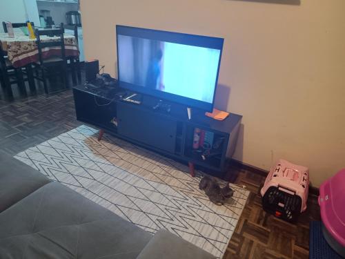 a cat laying on the floor in front of a television at Axel costa in Curitiba