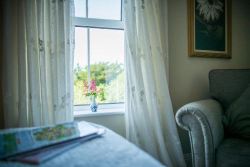 a window with a vase of flowers in a room at Apartments at Ballinsheen House & Gardens in Lisdoonvarna