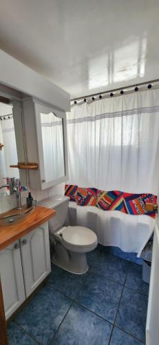 uma casa de banho com uma cama, um WC e um lavatório. em Casa Central en Pucón em Pucón