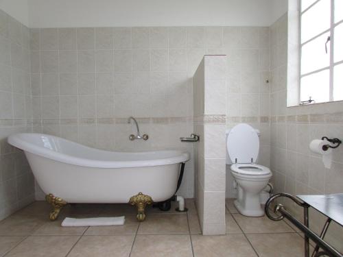 ein Badezimmer mit einer weißen Badewanne und einem WC in der Unterkunft Luxury Hotel in Bela Bela chateau in Bela-Bela